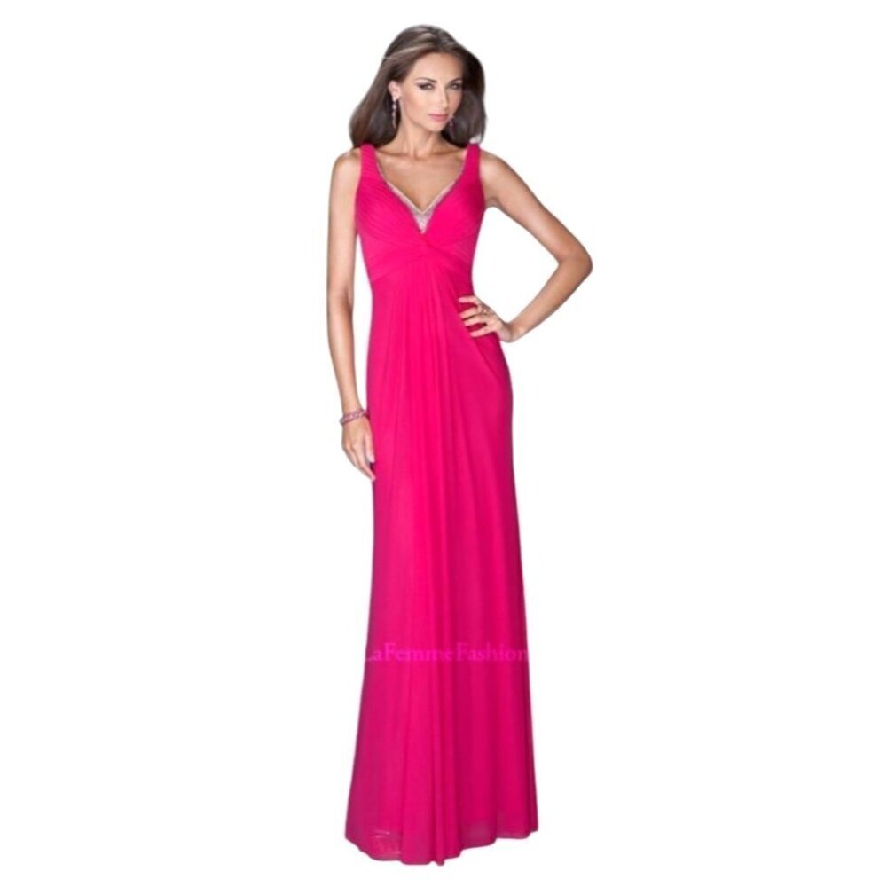 La Femme Dress Women 00 Pink Deep‎ V Jersey Knit Illusion Neckline Formal Gown